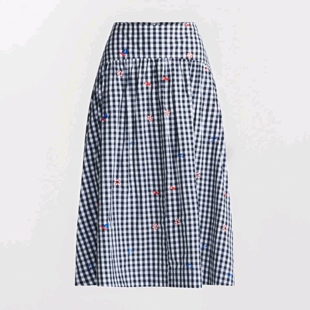 Coastal Preppy Gingham Midi Skirt Nautical Embroidered NWT Size 6
